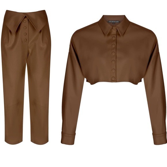 SELMACILEK Vegan Leather High Rise Pant & Crop Shirt Set in Brown - Picture 2 of 11